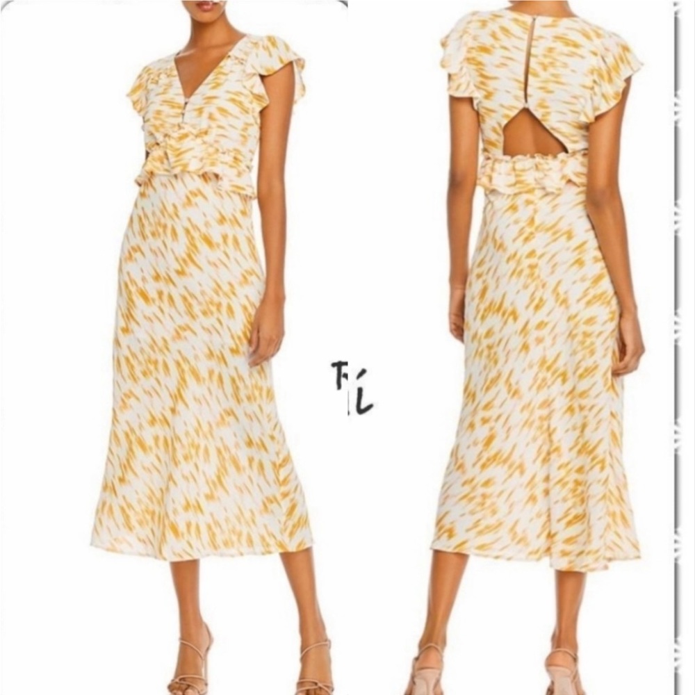 New Rahi Flutter Sleeve Button Up Keyhole Back Flounce Ruffle Midi Sheath Dress